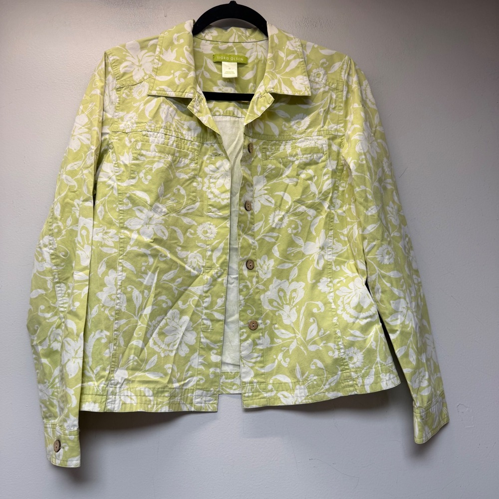 Sigrid Olsen Floral Jacket Womens Medium Green White Cotton Button Front Excel